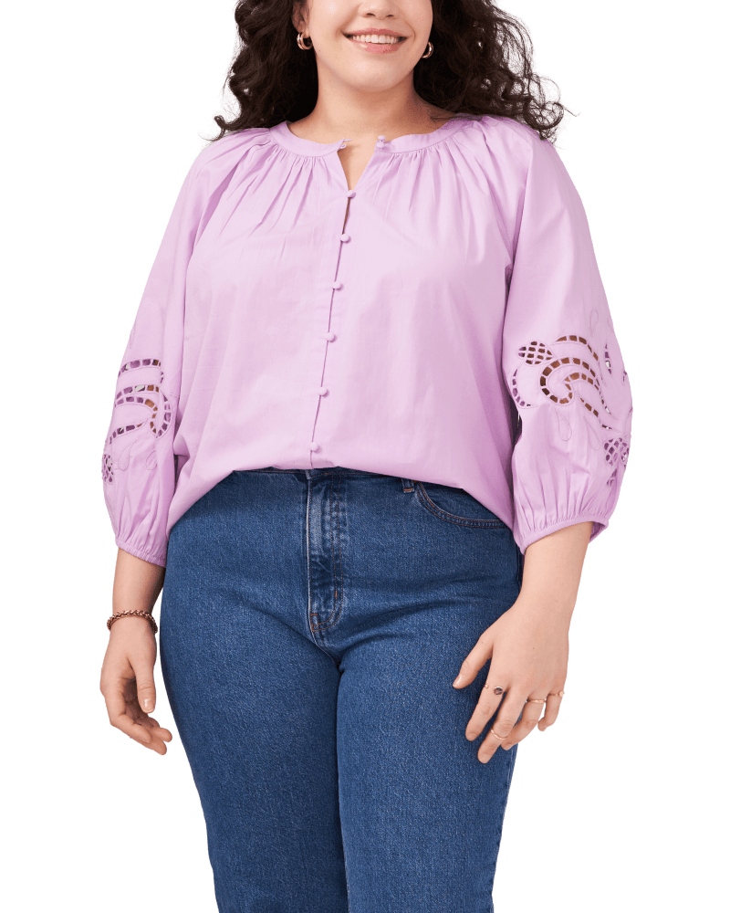 Front of a model wearing a size 1X Ellie Embroidered Poplin Shirt in SOFT IRIS by Vince Camuto. | dia_product_style_image_id:261741